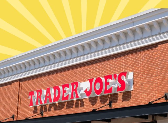 trader joe's exterior on a designed yellow background