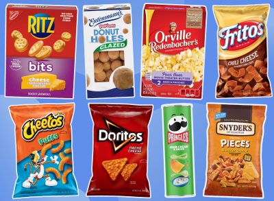 unhealthiest snacks on the planet collage on a blue background