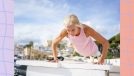 fit, mature woman doing pushups outdoors