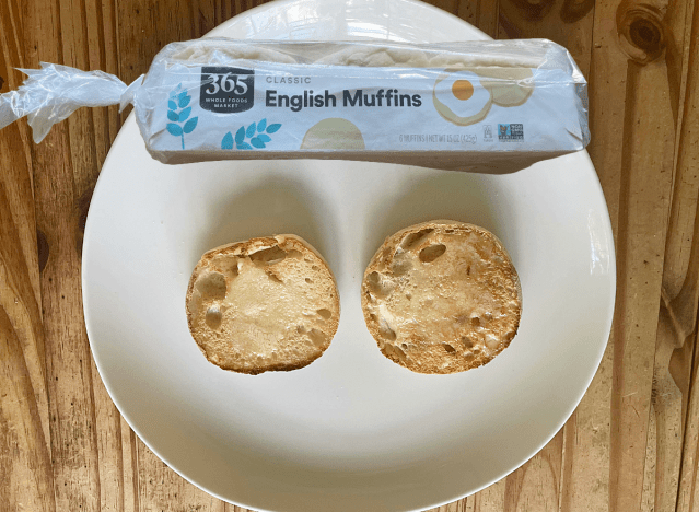 365 english muffin toasted on plate with a package