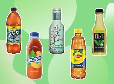 five bottles of iced tea brands on a green background