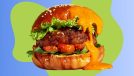 Saucy burger on a graphic background