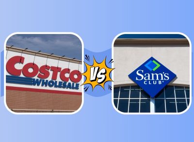 Storefront shots of rival retailers Costco and Sam's Club on a blue background