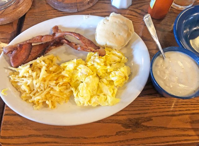 The Homestyle Breakfast platter from Cracker Barrel with optional bacon and hashbrown casserole
