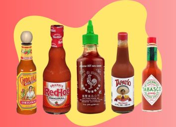 An array of five popular hot sauce brands set against a colorful background.