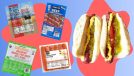 An array of store-bought hot dog brands beside two cooked franks with mustard and relish set against a colorful background.
