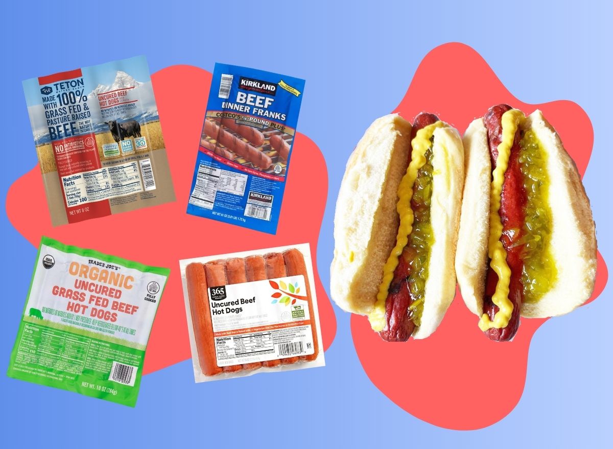 An array of store-bought hot dog brands beside two cooked franks with mustard and relish set against a colorful background.