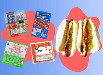 An array of store-bought hot dog brands beside two cooked franks with mustard and relish set against a colorful background.