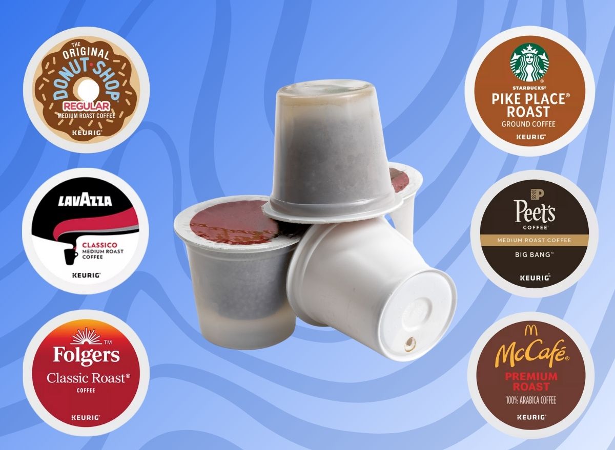 An array of coffee pods--aka K-Cups--from various coffee brands set against a vibrant blue background.