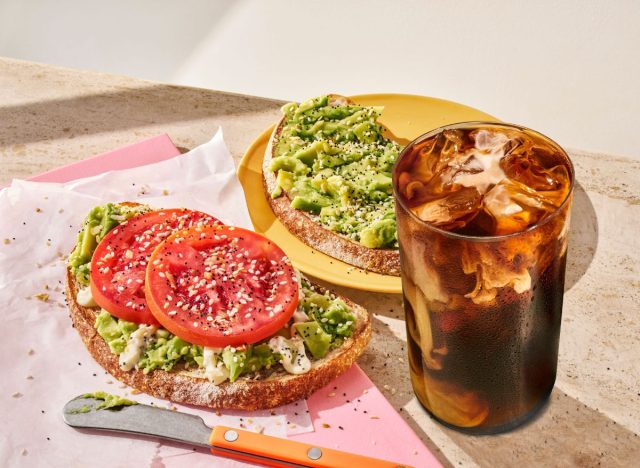 Panera Bread Millennial Meal with avocado toast and iced coffee on table