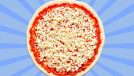 Pizza dough with tomato sauce and mozzarella set against a vibrant blue background.