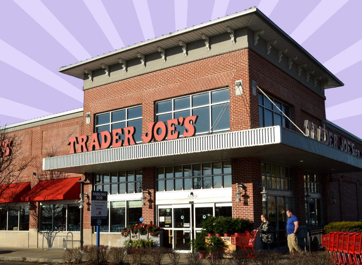 Trader Joe's storefront on striped purple background