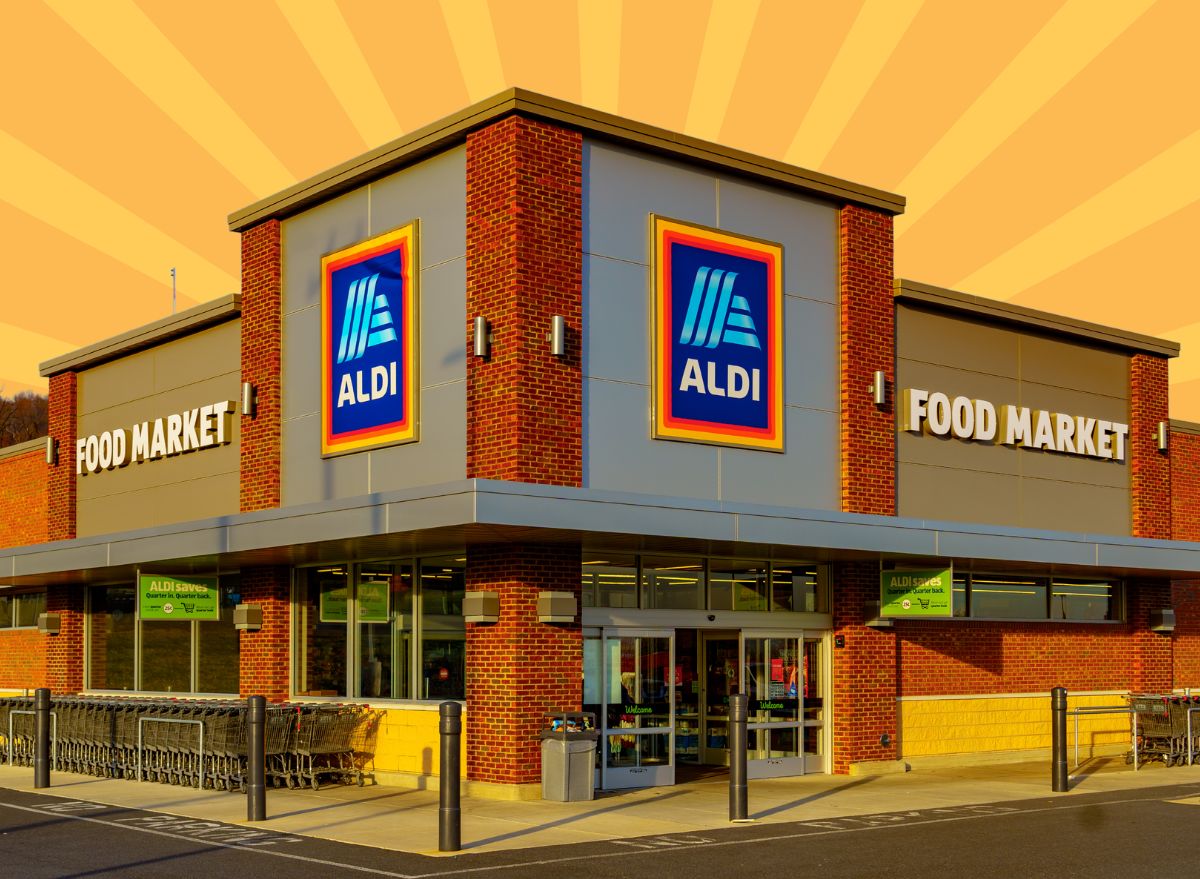 aldi storefront on a designed background