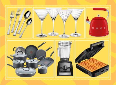 a photo collage of kitchen gadgets on a designed yellow background