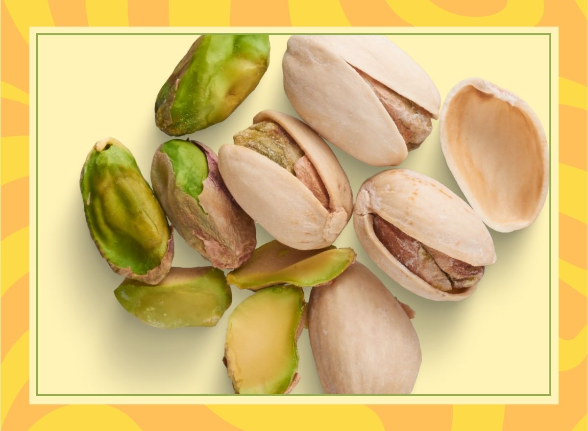 a photo of pistachio nuts on a designed yellow background