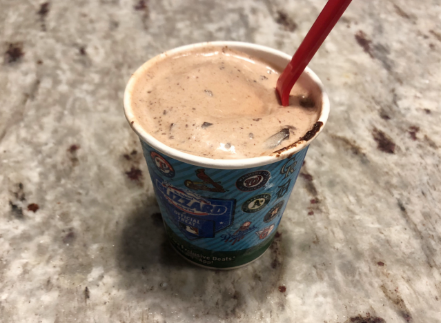 brownie batter blizzard from DQ on a countertop 