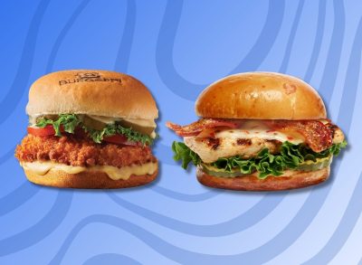 burgerfi's fried chicken sandwich and chick-fil-a's maple pepper bacon sandwich on a designed blue background
