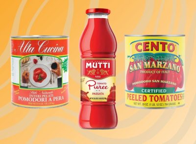 A trio of canned tomato brands set against a vibrant golden background