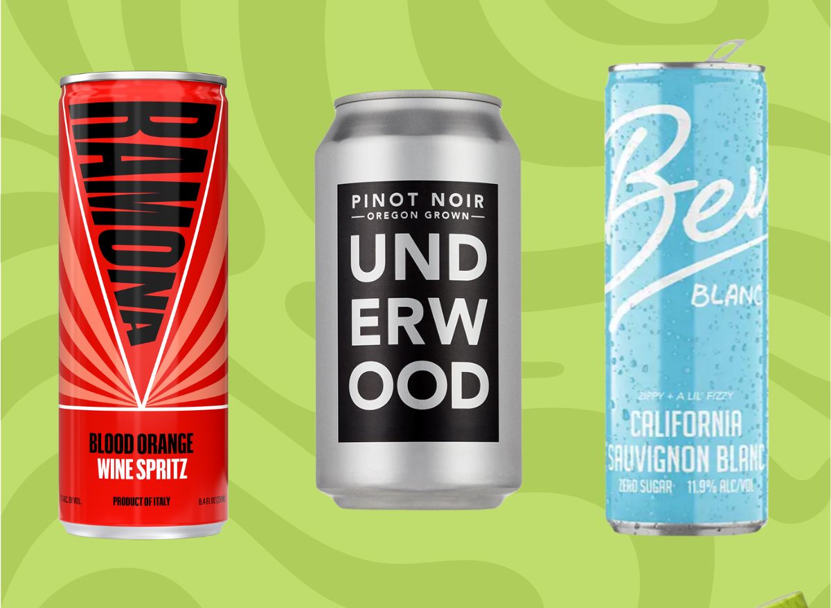 A trio of canned wine brands set against a vibrant green background.