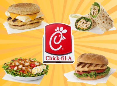 healthy chick-fil-a menu options surrounding a chick-fil-a restaurant sign on a designed yellow background