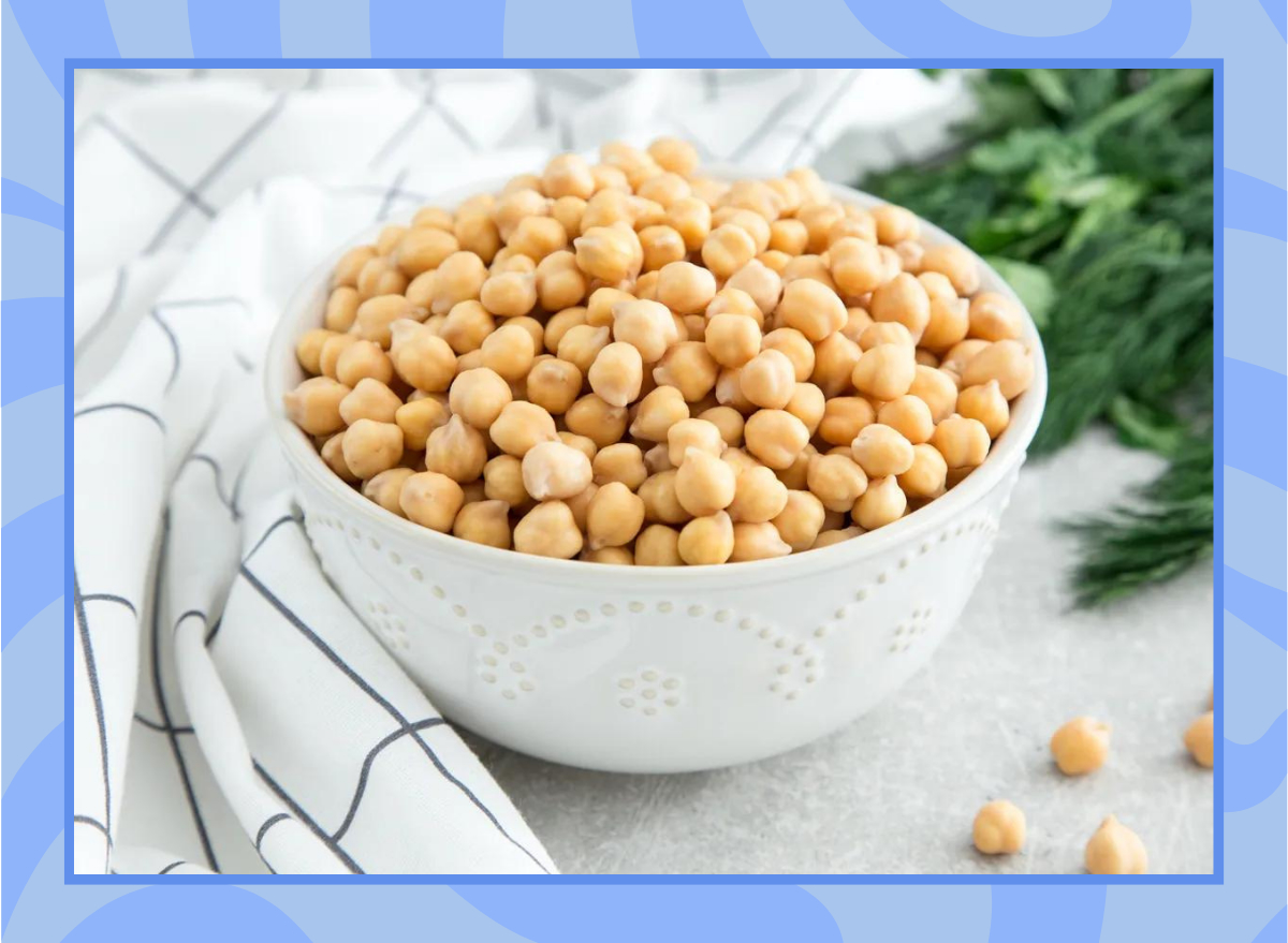 bowl of cooked chickpeas with a blue border