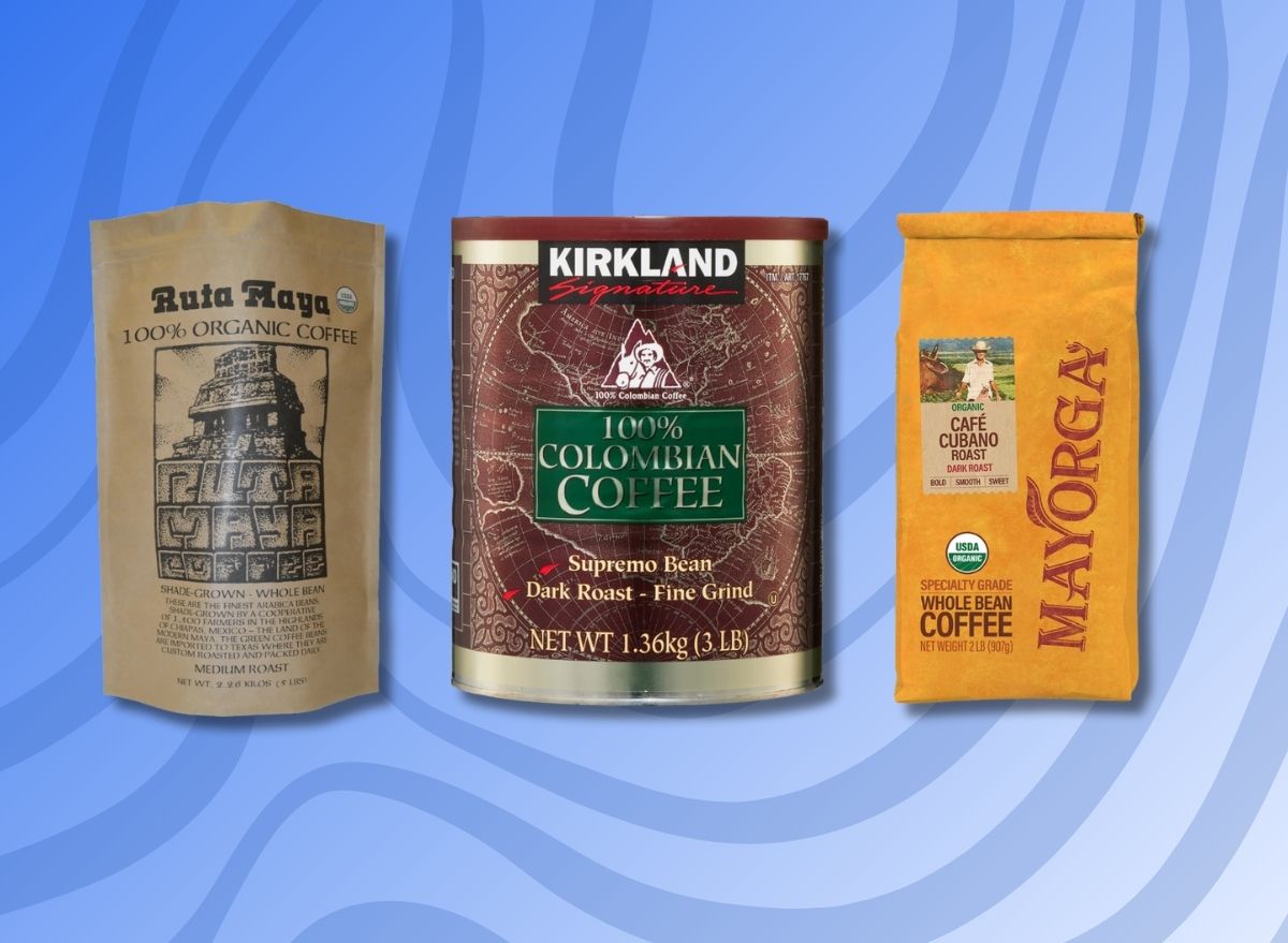 ruta maya, kirkland signature, and mayorga coffee products on a blue designed background