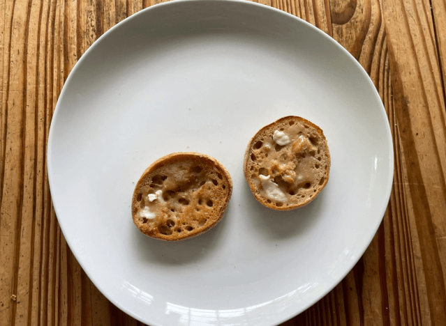 toasted dave's english muffin on white plate 