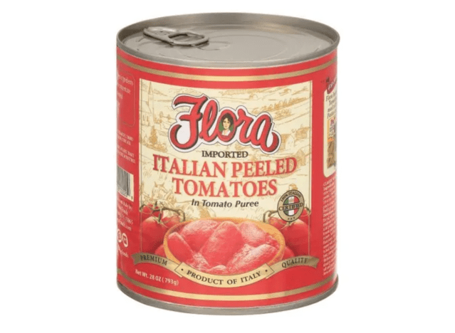 flora canned tomatoes on a white background