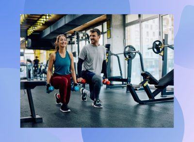 a photo of a man and woman at the gym lifting weights on a designed blue background