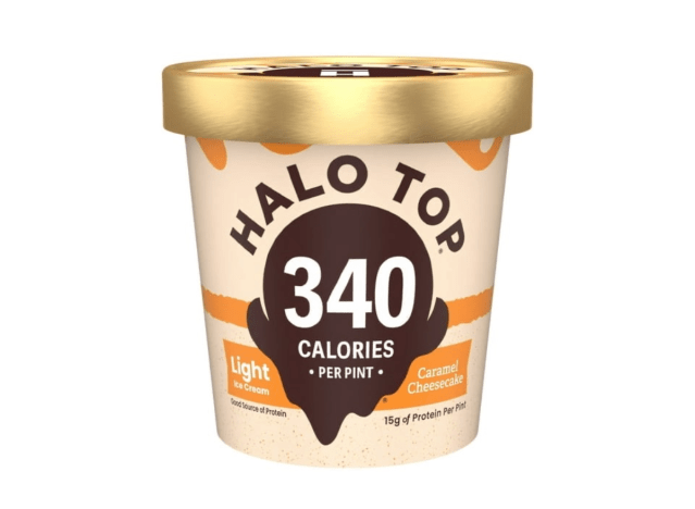 halo top caramel cheesecake on white background