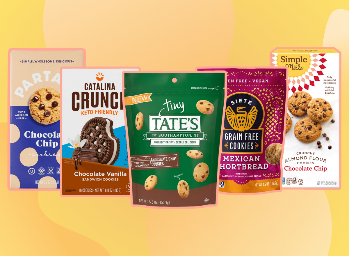collage of healthy cookie brands on a yellow background