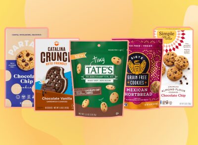 collage of healthy cookie brands on a yellow background