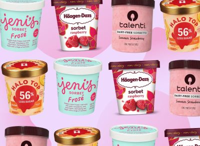 cartons of sorbet brands on a pink background