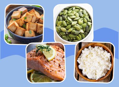 collage of four high protein low calorie foods on a blue background