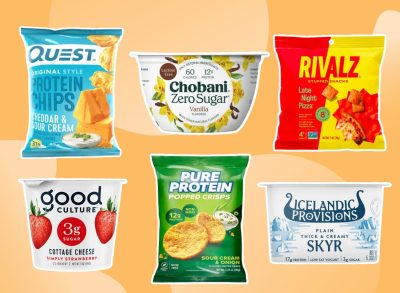 different snack brands on an orange background