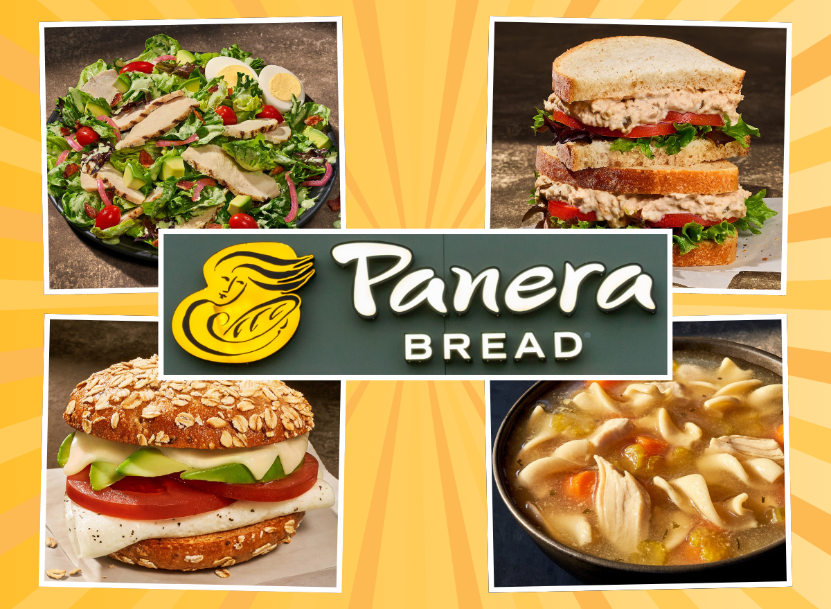 high protein panera orders collage on yellow background