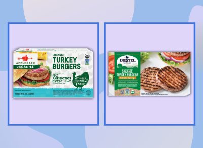 highest quality turkey burgers collage of two packaged on designed purple and blue background