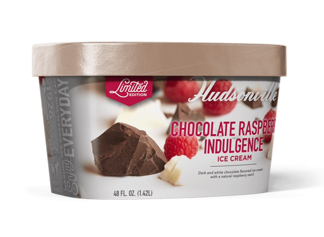 a tub of hudsonville chocolate raspberry indulgence ice cream