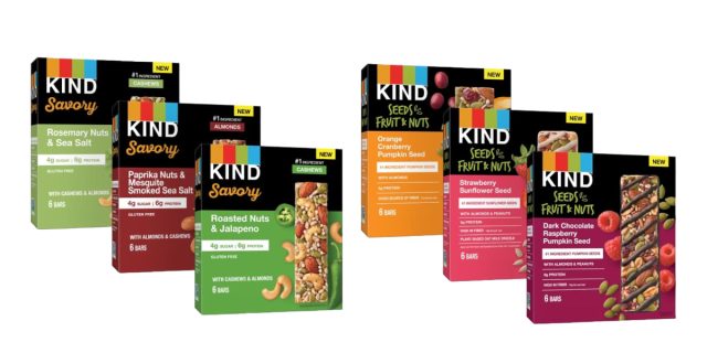 boxes of kind savory bars and kind seeds, fruit & nuts bars