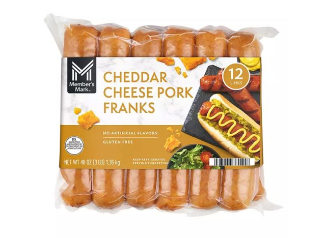 package of member's mark cheddar cheese pork franks