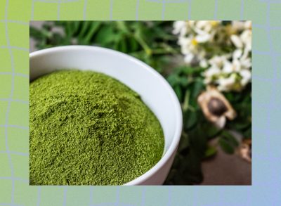 moringa powder in small white bowl