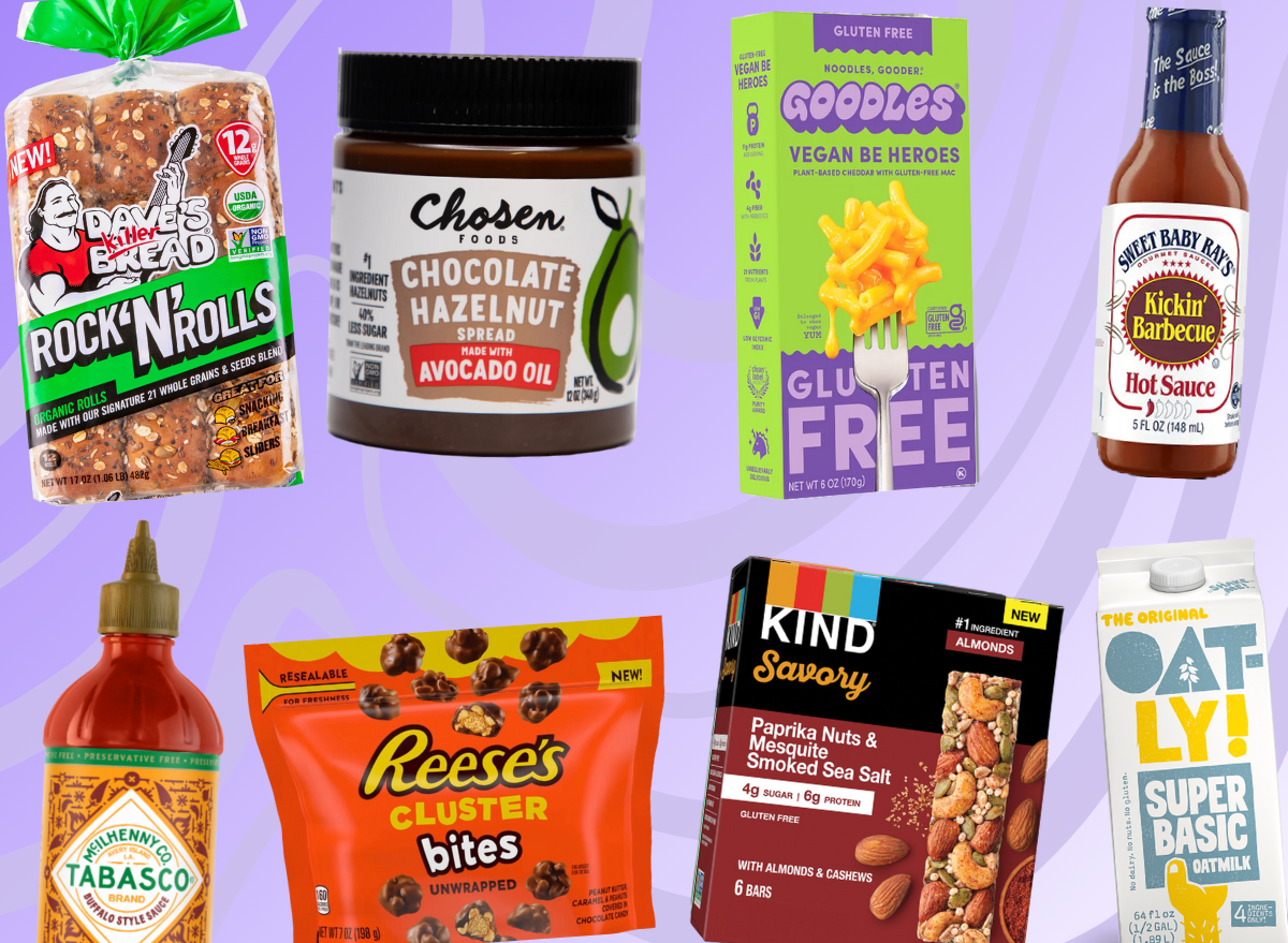 a collage of grocery products arranged on a colorful designed purple background