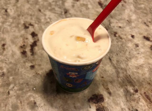 peach cobbler blizzard from DQ on counter