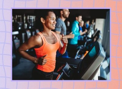 a photo of a fit woman running on a treadmill at the gym on a designed purple background