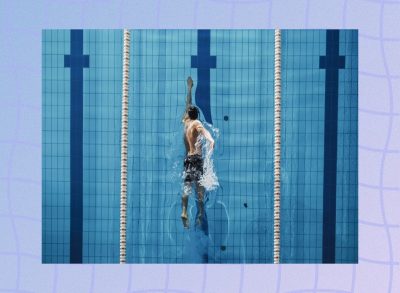 a photo of a man swimming laps in a pool on a designed bluish background