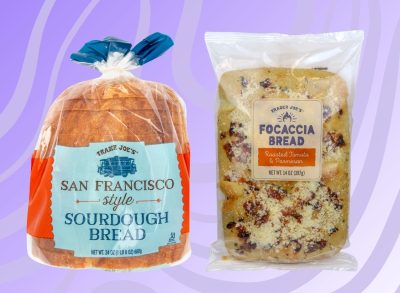 trader joe's san francisco style sourdough bread and roasted tomato & parmesan focaccia bread set against a designed lavender background