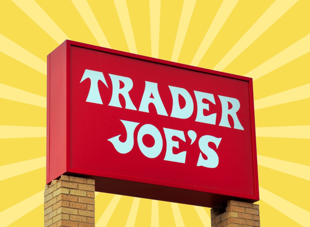 trader joe's sign on yellow designed background