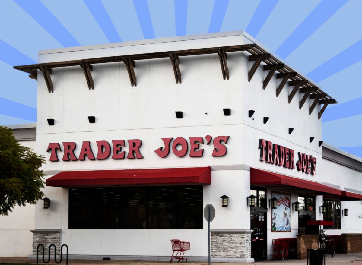 trader joe's storefront on a blue designed background