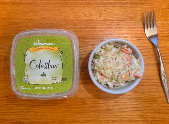 wegman's coleslaw in container and dish