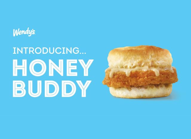 wendy's honey buddy breakfast sandwich promo on blue background